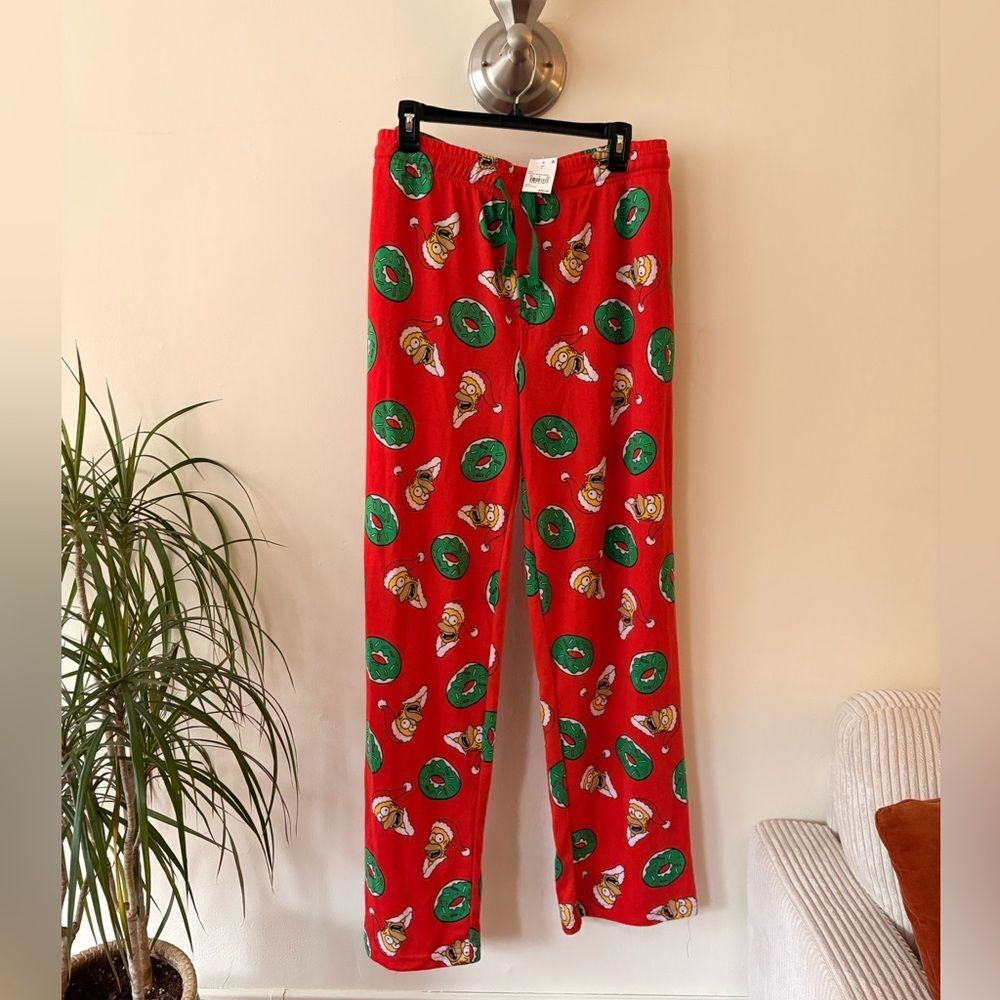 NWT Festive Simpsons Red Pajama Pants with Green Donut Print Size Large
